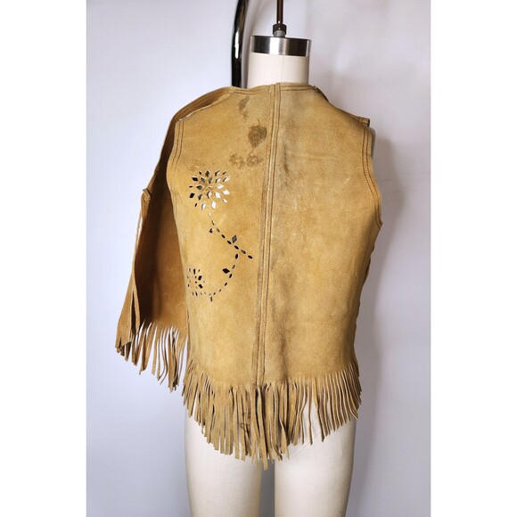 Leather FRINGES Perforates Floral Leather Vest Southwestern Western Unisex S M - Picture 2 of 10